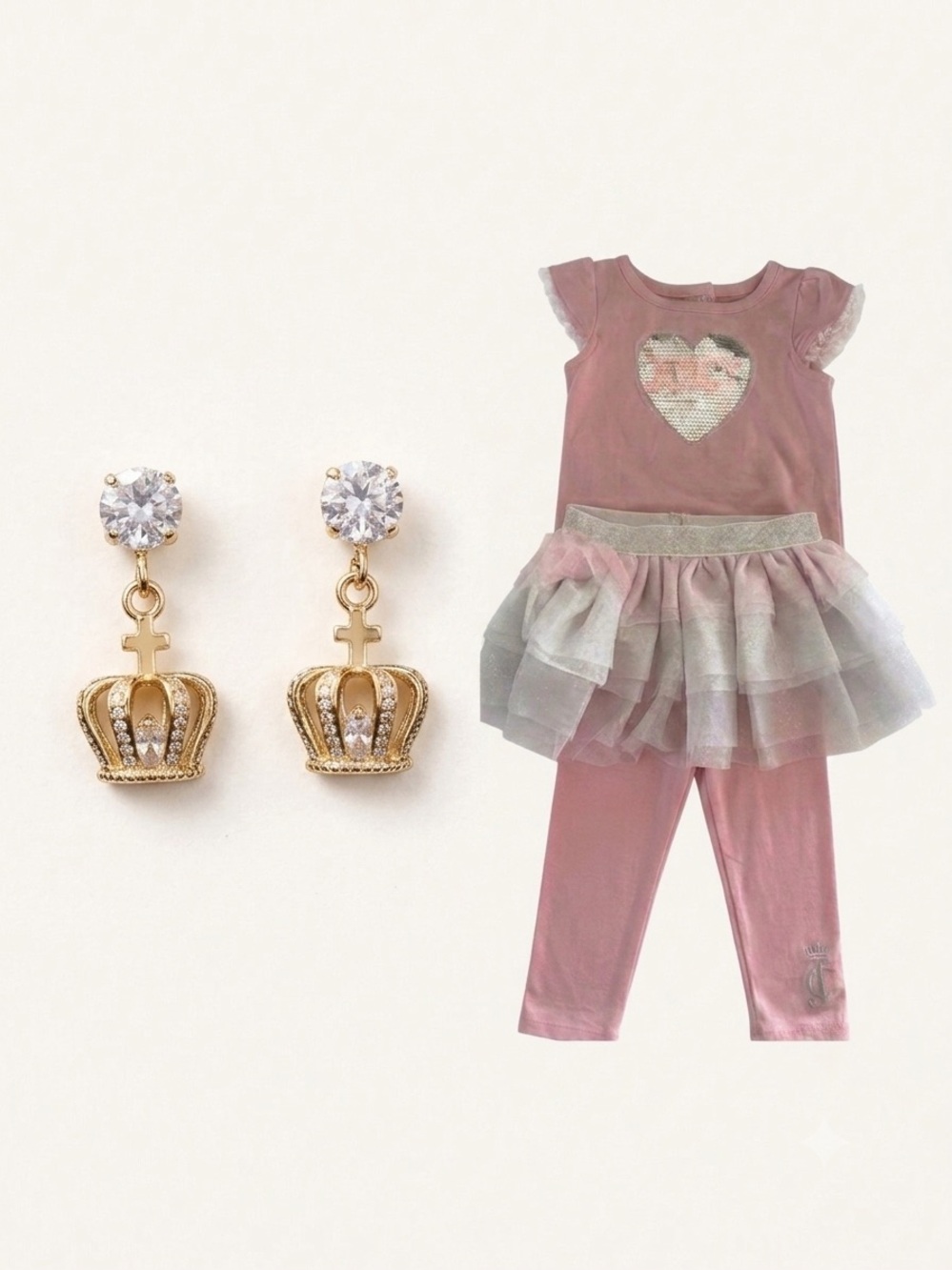 Juicy Couture Baby Pink Heart Sequin Ruffle Sleeve Top Tutu Leggings & Mom Gift!